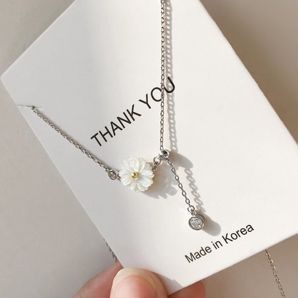 NEW 925 Silver Shell Daisy Diamond Drop Necklace - Picture 7 of 11